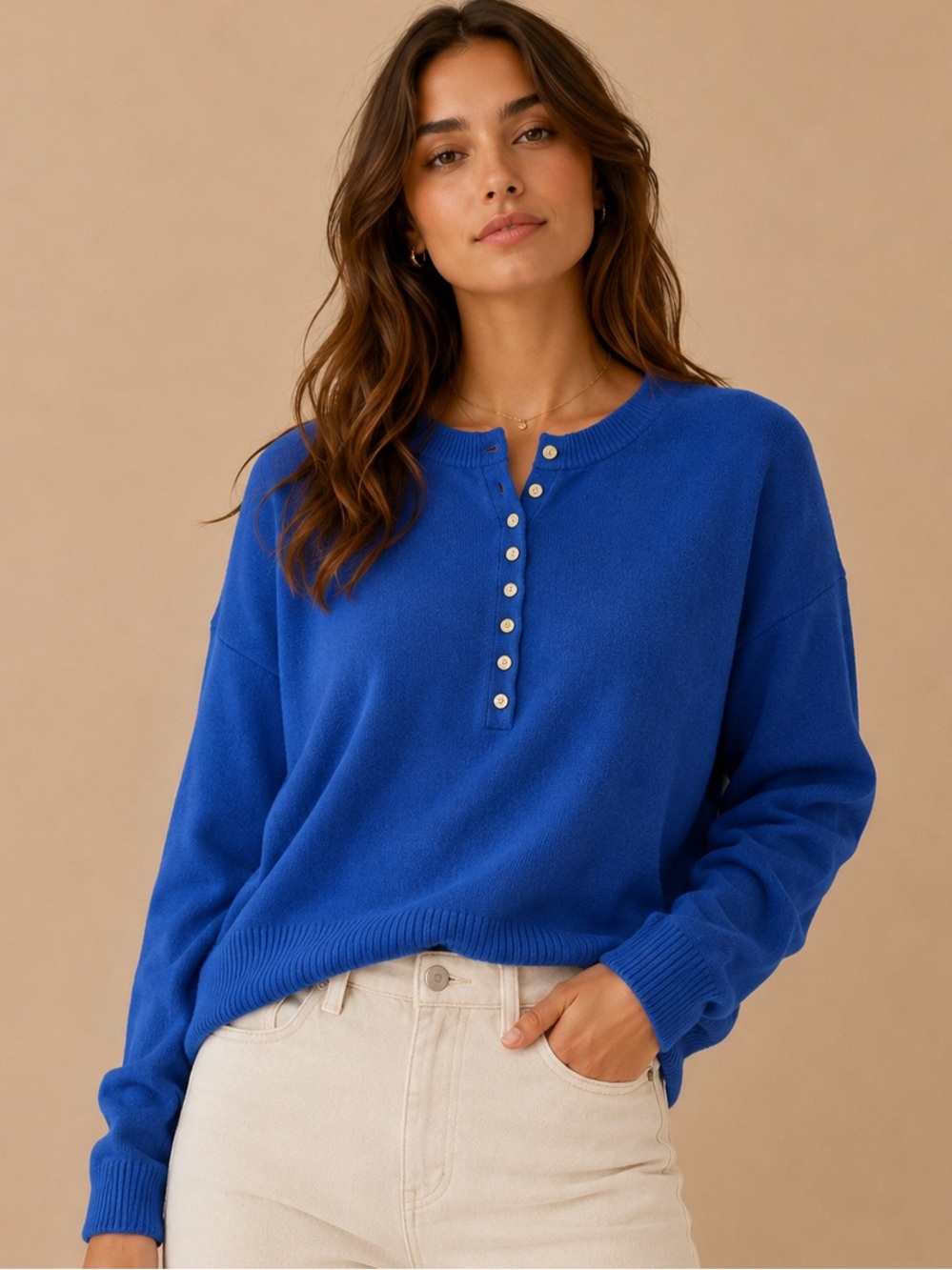Wishlist Cobalt Blue Henley Knit Sweater | Cropped Lightweight Pullover | Size L